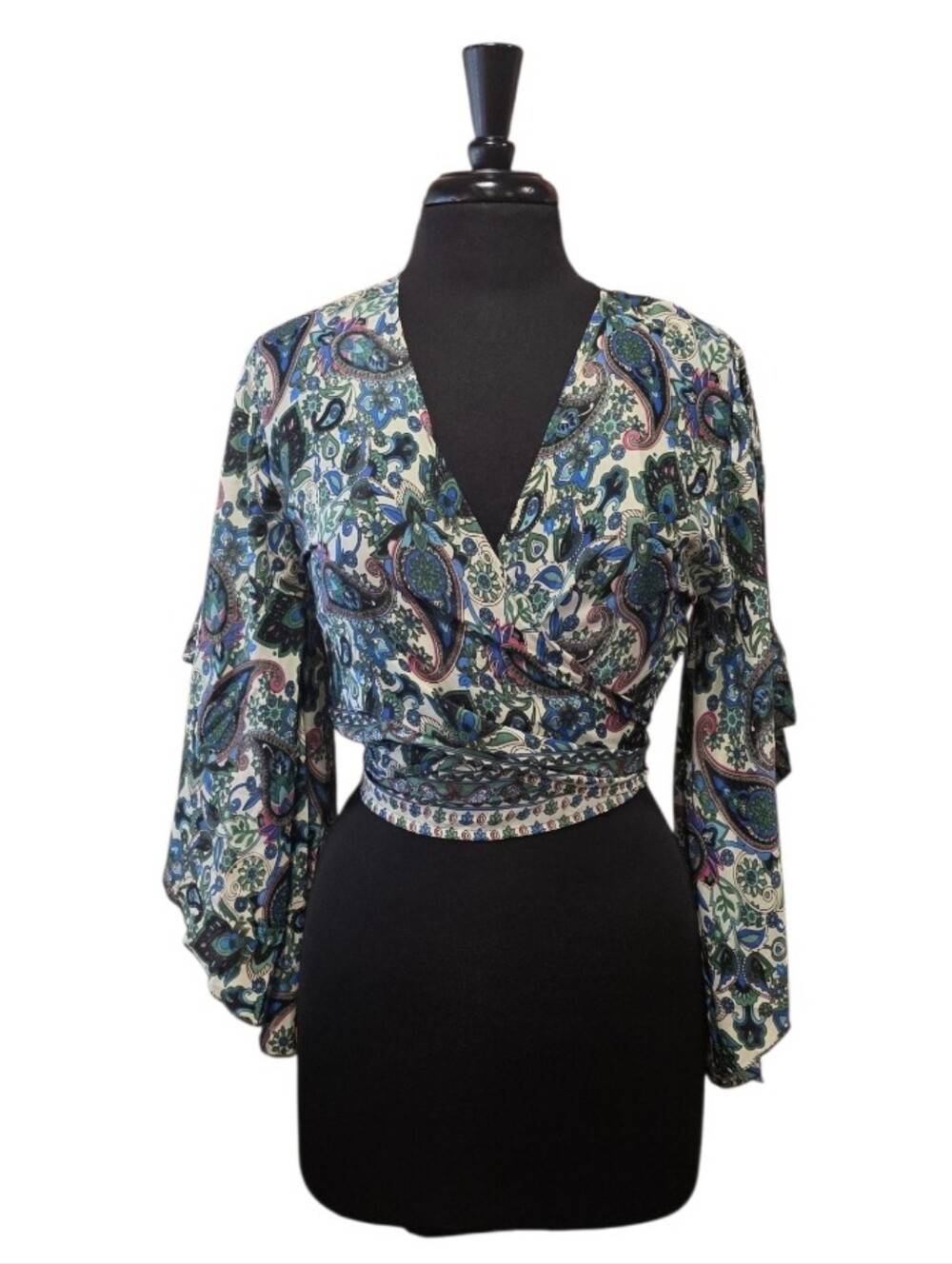 White Waves Boho Paisley Wrap Blouse Teal, Navy & Cream Cropped Tie Hippie Top